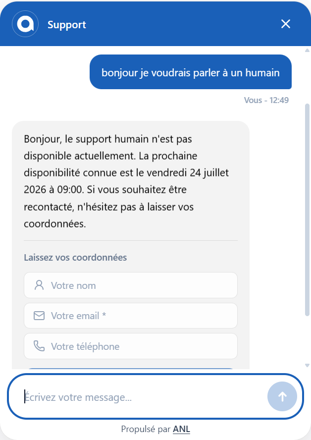 Widget de chat ANL — Support